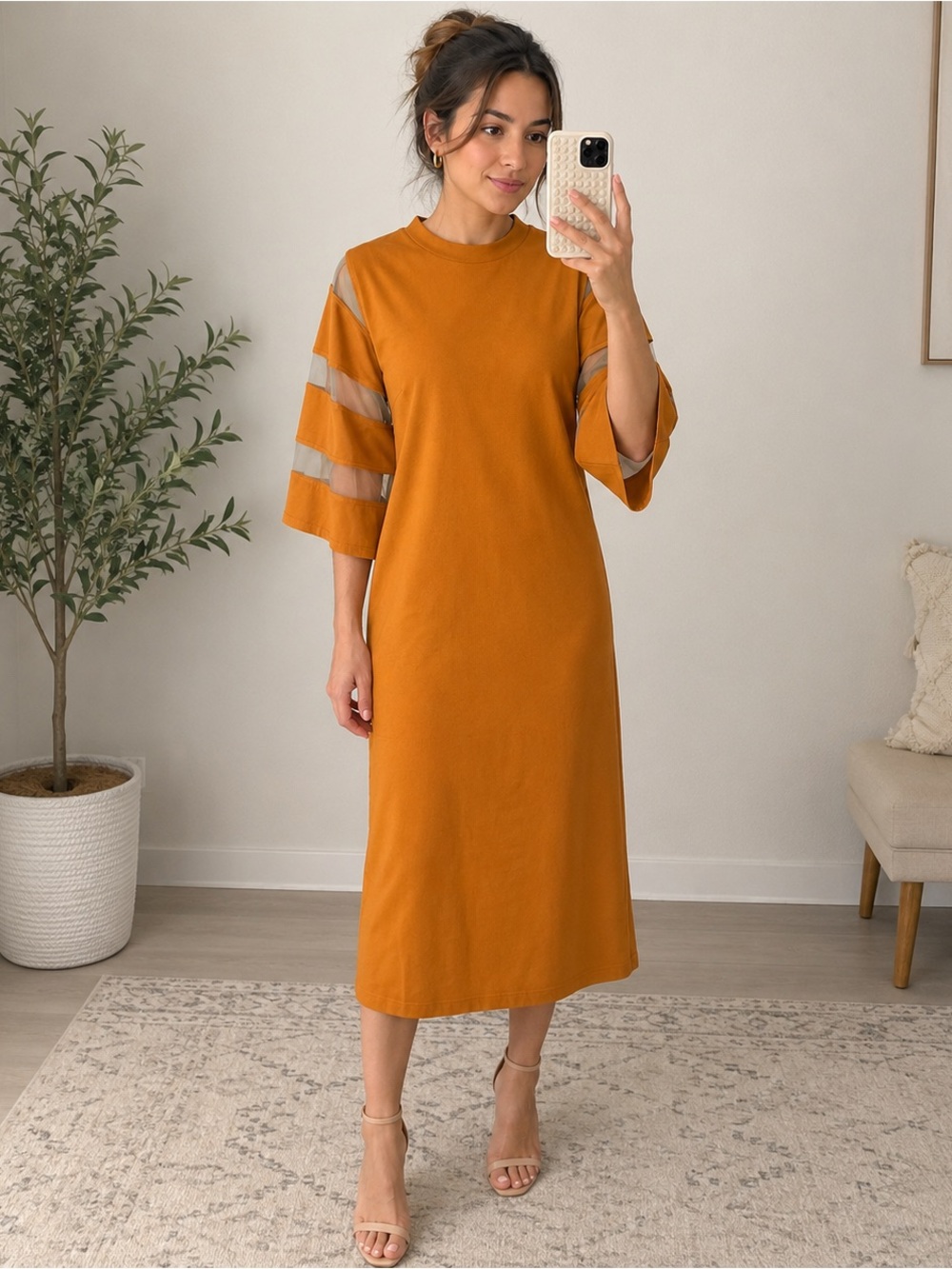 SHEIN Mustard Midi Dress Size M | Sheer Tiered Sleeve Bodycon Mock Neck Dress